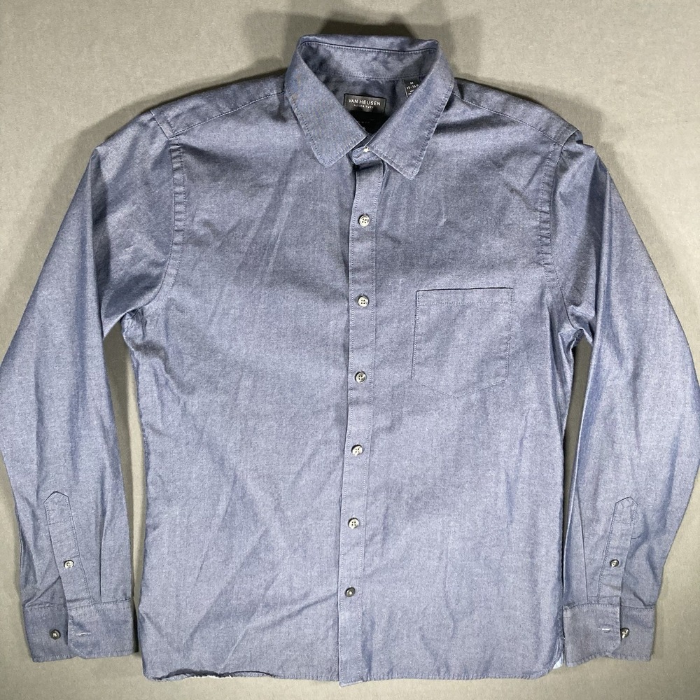 Van Heusen‎ Never Tuck Shirt Mens M 15-15.5 Chambray Button Down
